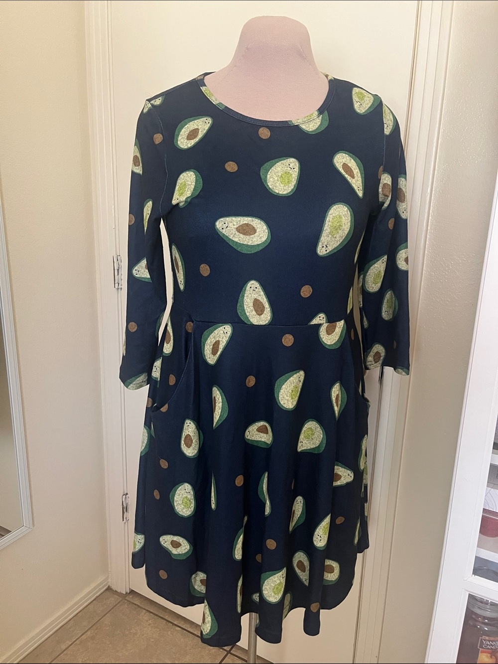Navy Avocado Print Fit & Flare Dress Large